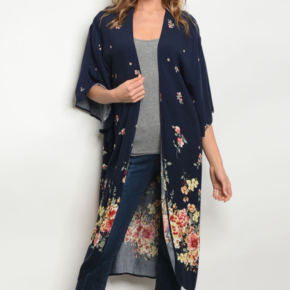 LAST 2‼️NAVY FLORAL KIMONO/Cardigan- Kimono - Picture 2 of 3